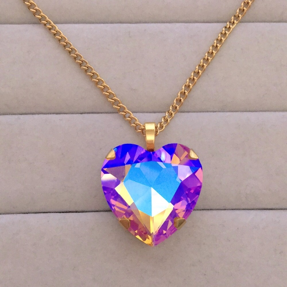 Iridescent Topaz Pink Rose Aurora Borealis + Gold Crystal Heart Drop Necklace - Picture 4 of 8